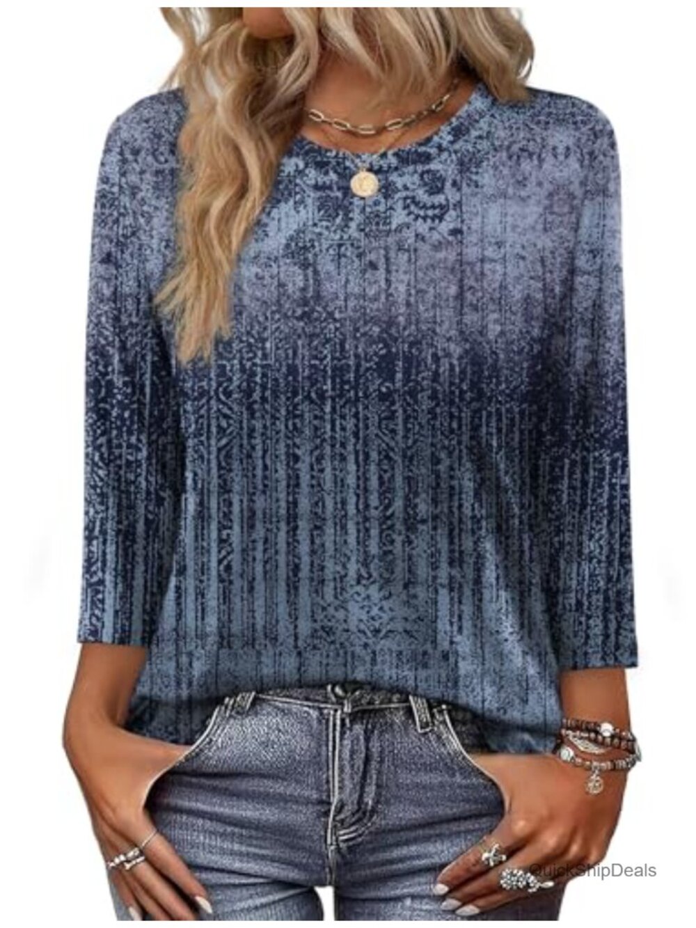 Women's 3/4 Sleeve Loose Fit Crew Neck T-Shirt Blouse